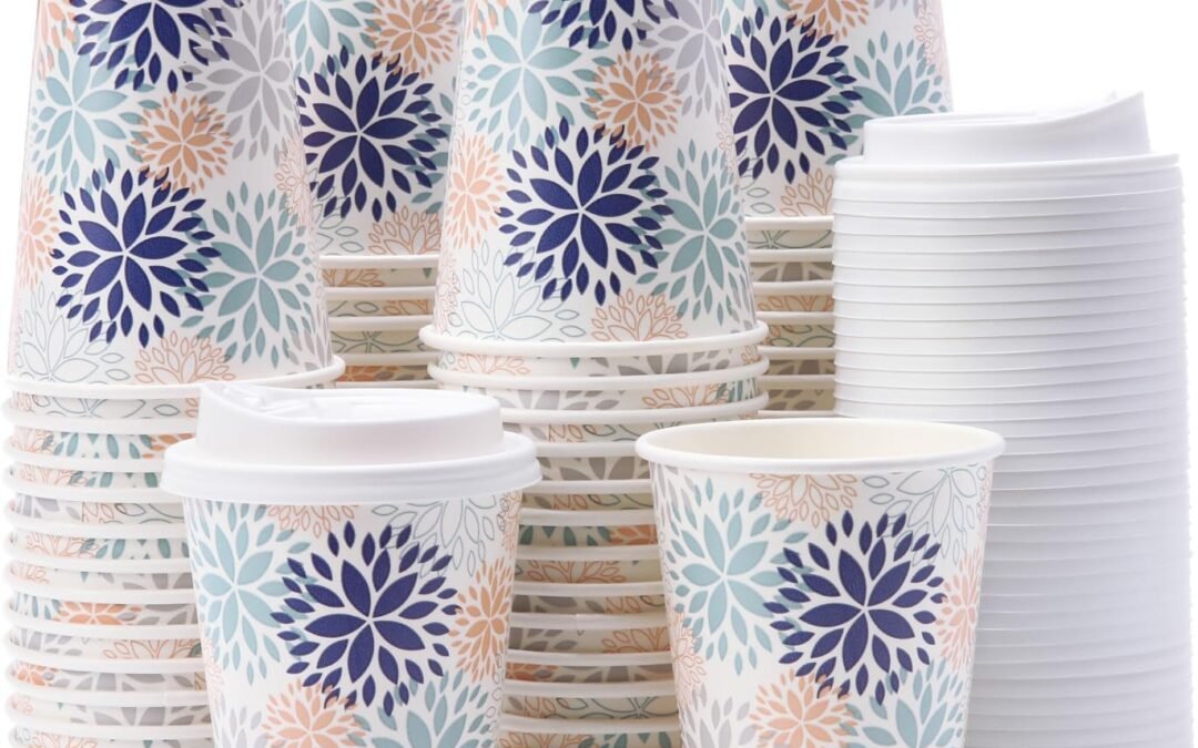 Factory Wholesale Tamone 100 PACK 12OZ Disposable Coffee Cups with Lids, To Go Coffee Cups with Lids Leak Proof, White and Blue Paper Cups Flower Design for Cold/Hot Coffee Beverage Chocolate Cocoa for Home Office