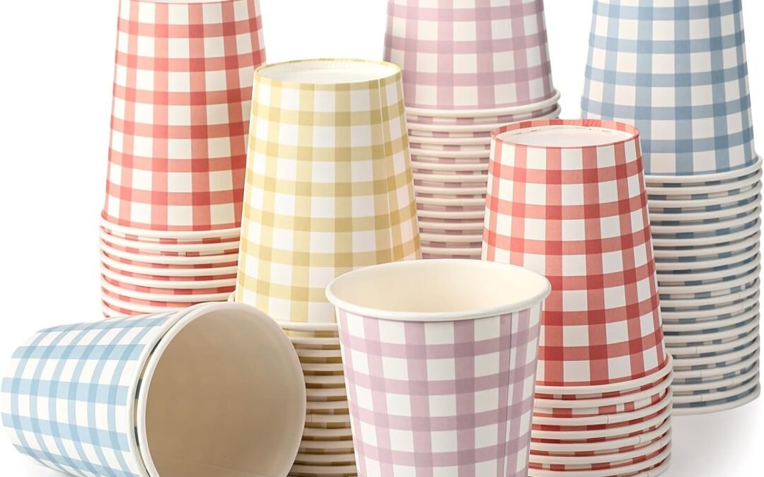 Factory Wholesale Tioncy 9 oz Gingham Paper Drinking Cups, 100 Pieces, 4 Colors, Checkered Cups for Hot Cold Beverage, Birthday Party, Travel, Picnic