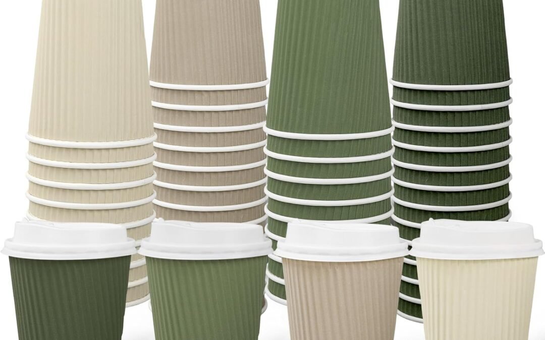 Factory Wholesale Whaline 100Pcs Nude Sage Green Disposable Coffee Cups with Lids 12oz Milky White Brown Green Paper Cups Corrugated Ripple Wall Insulated Hot Cups for Home Office Party Supplies