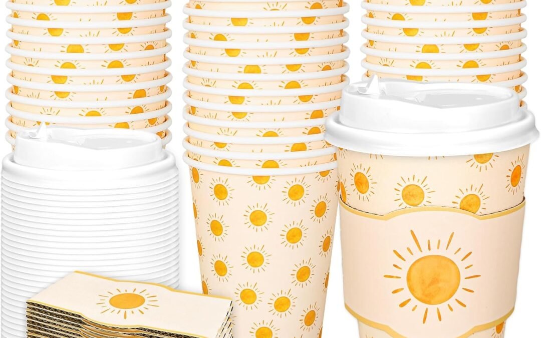 Factory Wholesale Whaline 50 Set Boho Sun Disposable Coffee Cups with Lids 16oz Summer Yellow Sunshine Paper Drinking Cups Sleeves To Go Hot Coffee Cups for Flower Tea Birthday Wedding Baby Shower Party Supplies