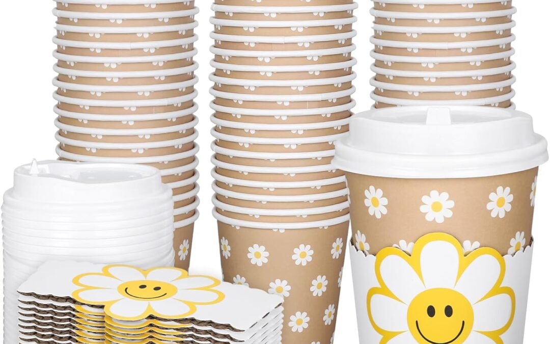 Factory Wholesale Whaline 50Pcs Daisy Disposable Paper Cups with Lids and Sleeves 16Oz Smile Daisy Flower Coffee Cups for Spring Wedding Birthday Baby Shower Table Decor Supplies