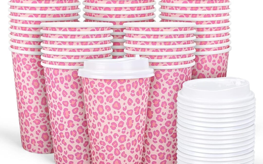 Factory Wholesale Whaline 50Pcs Leopard Hot Pink Paper Cups with Lids Pink White Paper Coffee Cups Animal Disposable Cups for Hot Drinks Cold Beverage Bridal Baby Shower Birthday Wedding Party Supplies