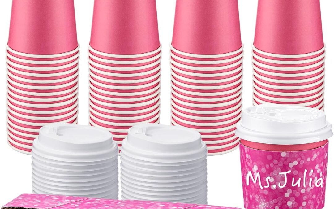 Factory Wholesale Zopeal 50 Pcs Disposable Coffee Cups Paper Coffee Cup with Lids and Sleeves Hot Cups with Lids Travel Cups with Lids for Beverages Wedding Travel Business Party Supplies (Bright Pink,12 oz)