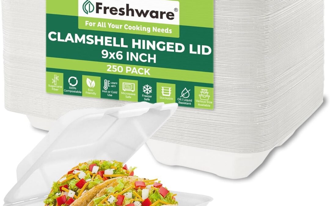 Freshware Compostable Clamshell Food Containers [9×6″ 250-Pack] Disposable To Go Containers, Biodegradable Sugarcane To Go Boxes – Heavy Duty Paper Containers – Microwave & Freezer Safe, Stackable Factory Direct Sale