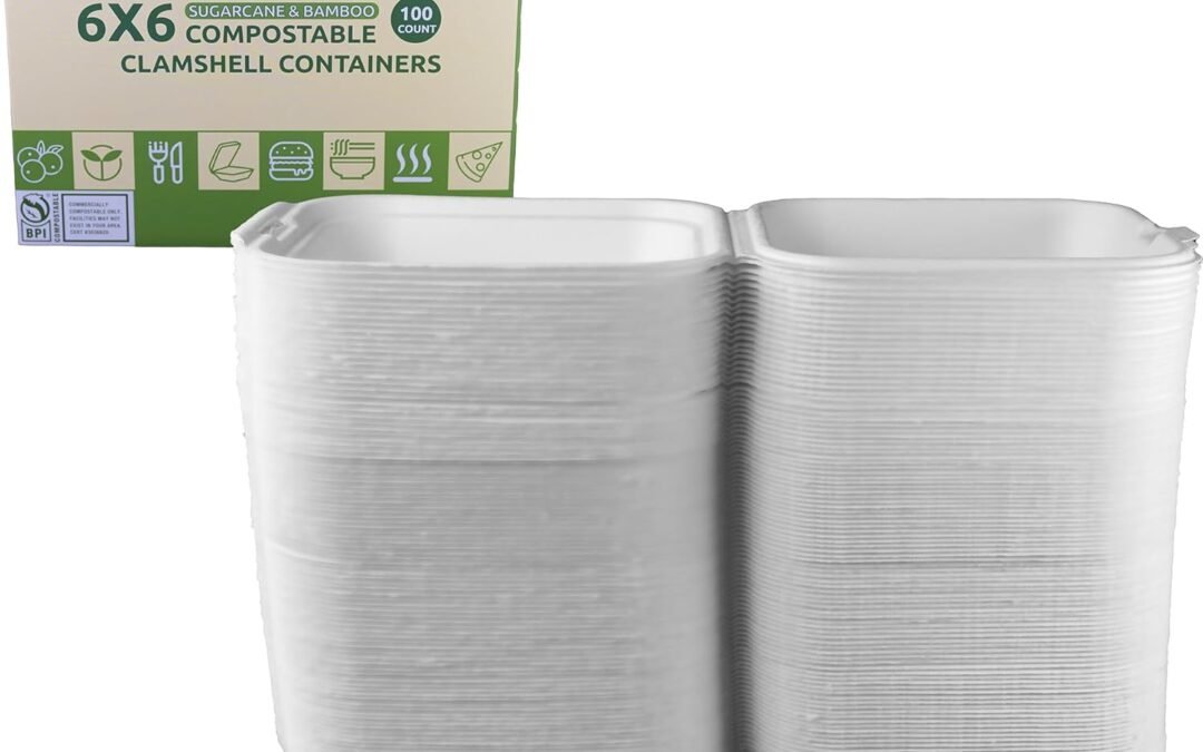 Greensoil 6×6 Compostable To Go Containers – 1-Compartment 100 Pack, Heavy Duty Clamshell Take Out Containers, PFAS-Free, Microwave & Freezer Safe, BPI Certified for Salad, Cake, Sandwiches, Lunch Factory Direct Sale