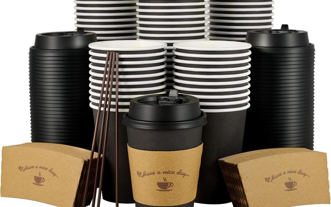LITOPAK 100 Pack 12 oz Paper Coffee Cups for Hot Chocolate Drinks, Black Disposable Coffee Cups with Lids, Sleeves and Stirring Sticks for Parties, Picnic, Travel, and Events Manufacturer & Supplier