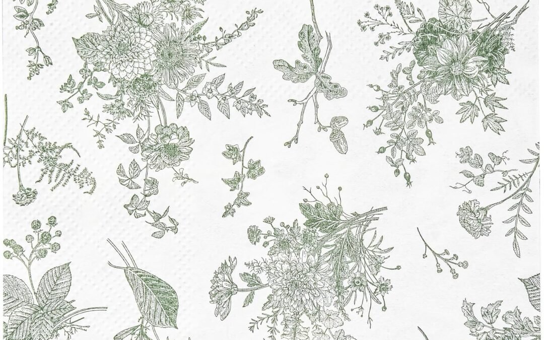 OEM 100 Floral Cocktail Napkins Sage Green White Toile Paper Napkins Vintage Green Flower Bouquet Disposable Hand Towels for Bridal Baby Shower Christmas Tea Party Supplies Table Decor (Sage Green) Wholesale Manufacturer