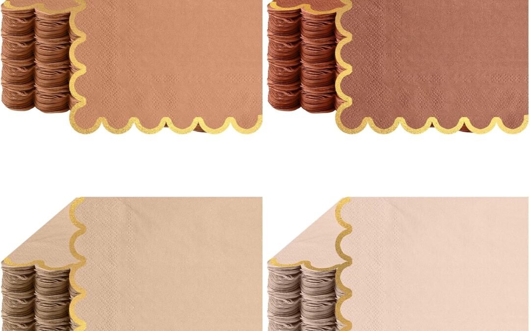 OEM 100 Pack Scalloped Cocktail Napkins with Gold Foil Accents Beverage Napkins Scalloped Disposable Paper Napkins for Wedding Shower Baby Dinner Birthday Party Supplies 5 x 5” (Earth Tone) Wholesale Manufacturer