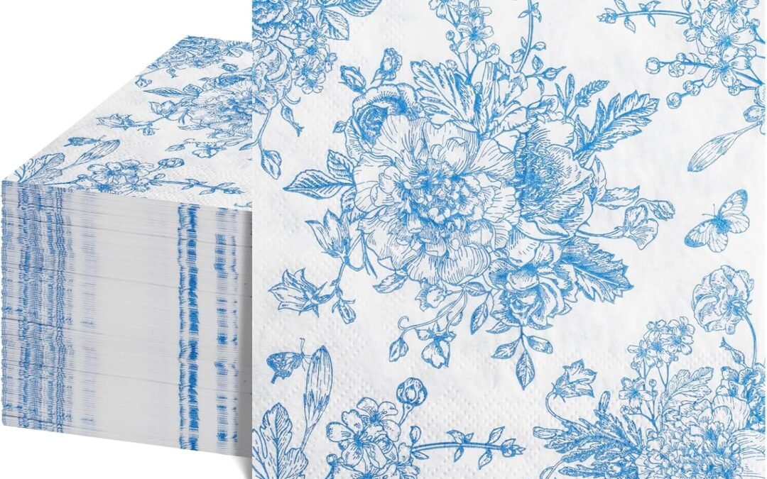 OEM 100 Pcs Blue Floral Cocktail Napkins, Blue and White Napkins Vintage Flower Butterfly Design Toile Napkin Chinoiserie Napkin for Wedding, Bridal & Baby Shower,Tea Party, 5 x 5 Inch Wholesale Manufacturer