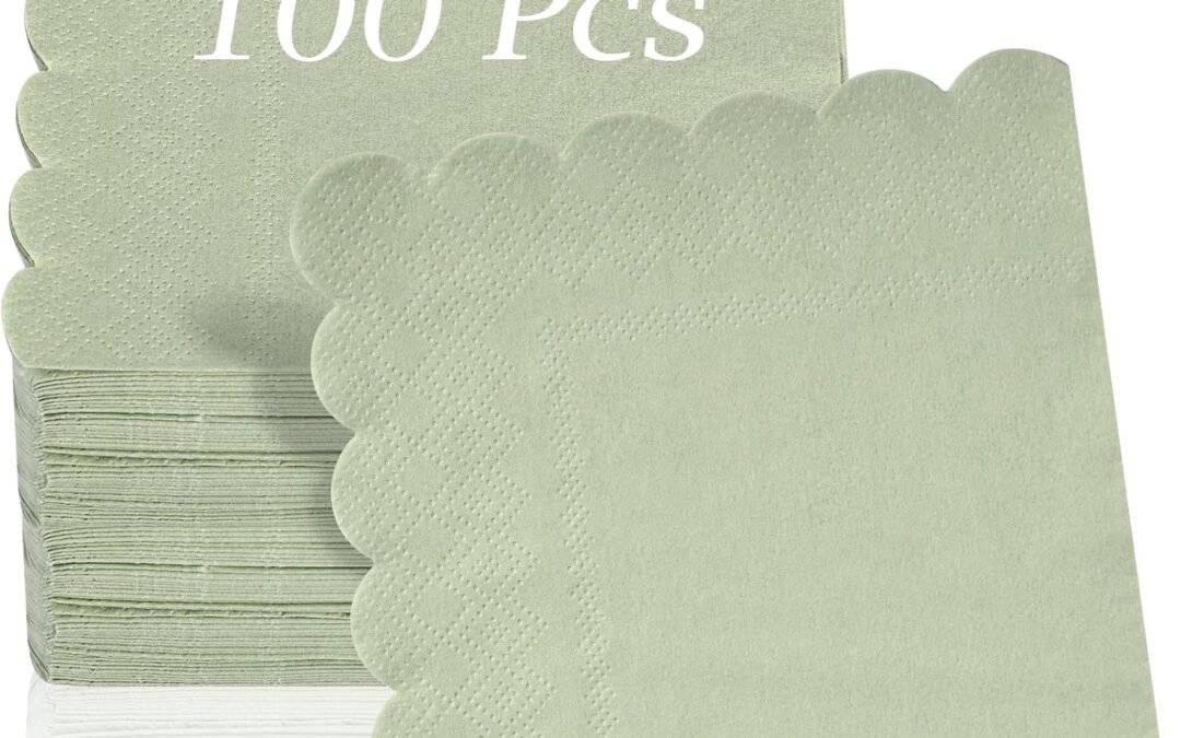 OEM 100 Pcs Cocktail Napkins, 2-Ply 5 x 5 Inches Disposable Scalloped Napkins, Thick Premium Dessert Napkins for Party, Wedding, Dinner, Birthday, Anniversary, Festival (Sage Green) Wholesale Manufacturer