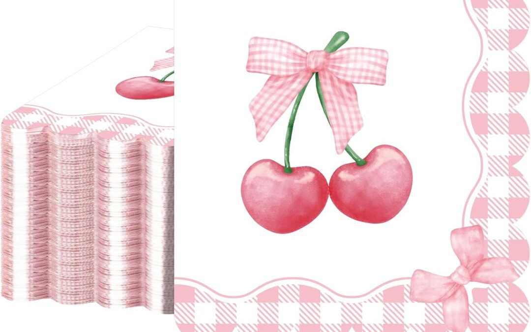 OEM 100 Pcs Pink Bow Napkins Coquette Birthday Decorations Scalloped Cherries Bow Party Napkin Pink Gingham Disposable Dessert Beverage Napkin for Bachelorette, Bridal Shower, Tea Party Wholesale Manufacturer