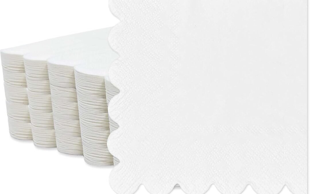 OEM 100 Pieces 2-Ply White Scalloped Napkins Folded 5 x 5 inch Disposable Cocktail Napkins Paper Napkins for Dinner Wedding Birthday Party White Beverage Napkins Wholesale Manufacturer