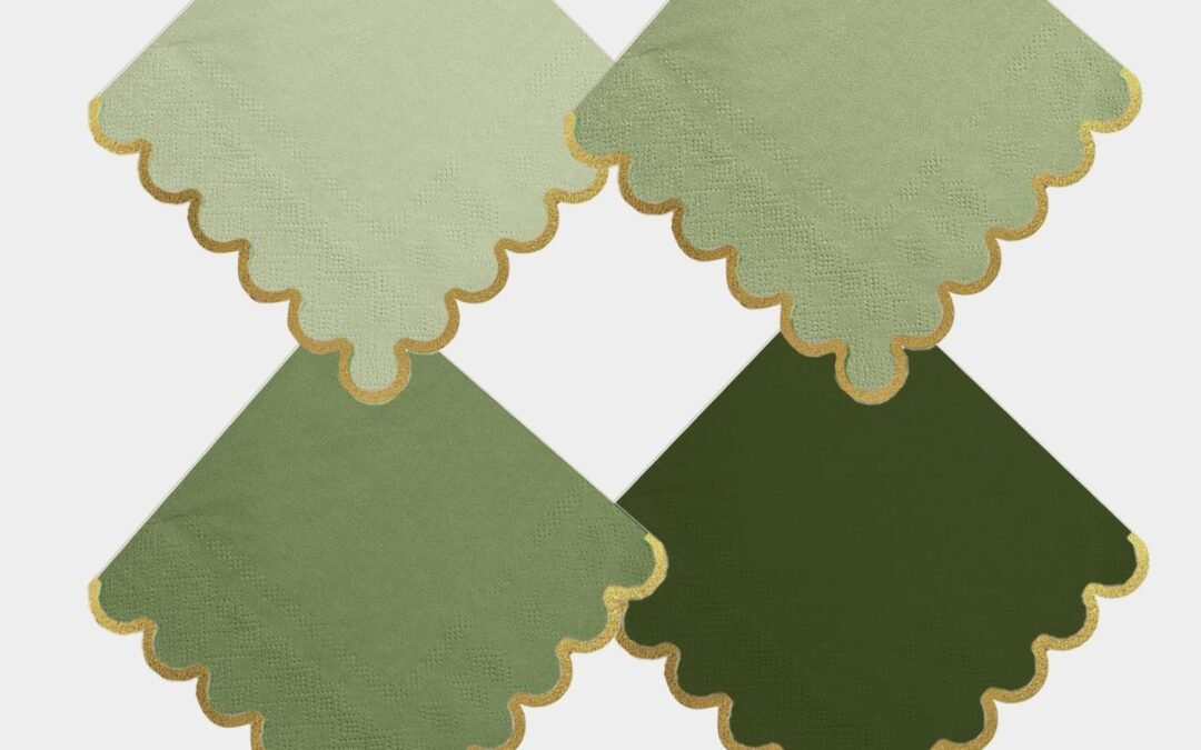 OEM 100 pack Green Cocktail Napkins with Gold Foil Accents Scalloped Edges 5 x 5 inch Beverage Disposable Napkin Party Decoration Wedding Bridal and Baby Shower Dinner Lunch Supplies Wholesale Manufacturer