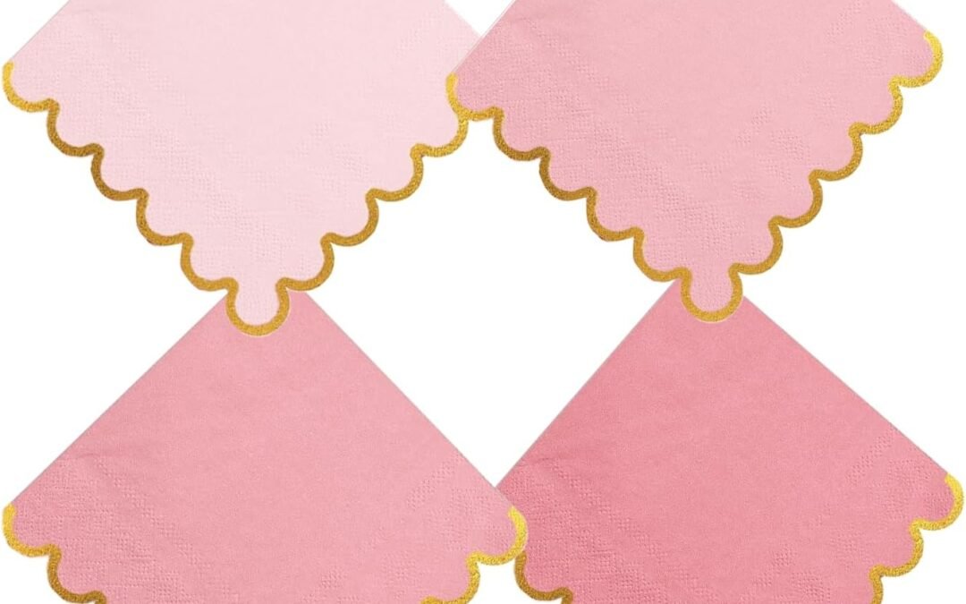 OEM 100 pack Pink Mix Cocktail Napkins with Gold Foil Accents Scalloped Edges 5 x 5 inch Beverage Disposable Napkin Party Decoration Wedding Bridal and Baby Shower Dinner Lunch Supplies Wholesale Manufacturer