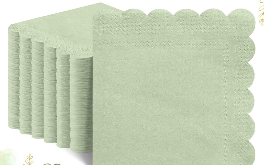 OEM 120 Pcs Cocktail Napkins Sage Green Wedding Napkins Disposable Baby Shower Scalloped Napkins for Bridal Shower, Birthday, 5 x 5 Inch Wholesale Manufacturer