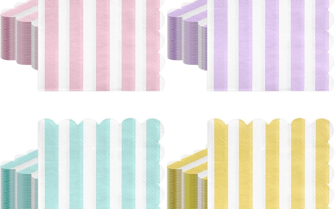 OEM 120 Pcs Striped Pastel Napkins, 5 X 5 Inch Scalloped Ice Cream Party Napkin Disposable Colorful Napkins Cute Napkin for Pastel Party Shower, Birthday Decor Wholesale Manufacturer