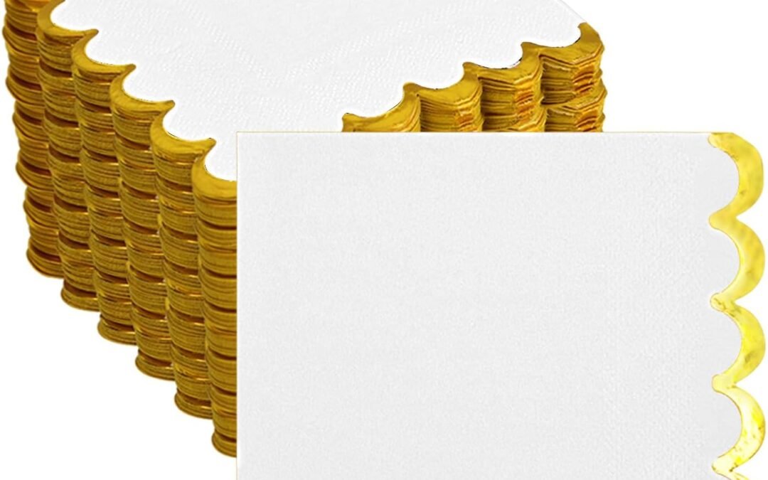 OEM 200 Pack White and Gold Paper Napkins Scalloped Cocktail Napkins White Disposable Beverage Napkins for Birthday Baby Shower Wedding Party Supplies Dinnerware Tableware Decorations Wholesale Manufacturer