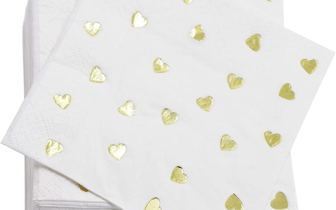 OEM 50 Pack Gold Foil Heart Disposable Cocktail Napkins, 5×5 Inch Folded Paper Napkin, Party Supplies for Wedding, Birthday, Bridal Shower, Anniversary, and Engagement Decorations Wholesale Manufacturer