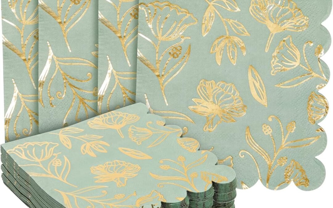 OEM 50-Pack Green Paper Napkins with Gold Foil Floral Design and Scalloped Edges, Green Flower Napkins for Weddings, Baby Showers, Bridal Showers, and Garden Parties (3-Ply, 5 x 5 in) Wholesale Manufacturer