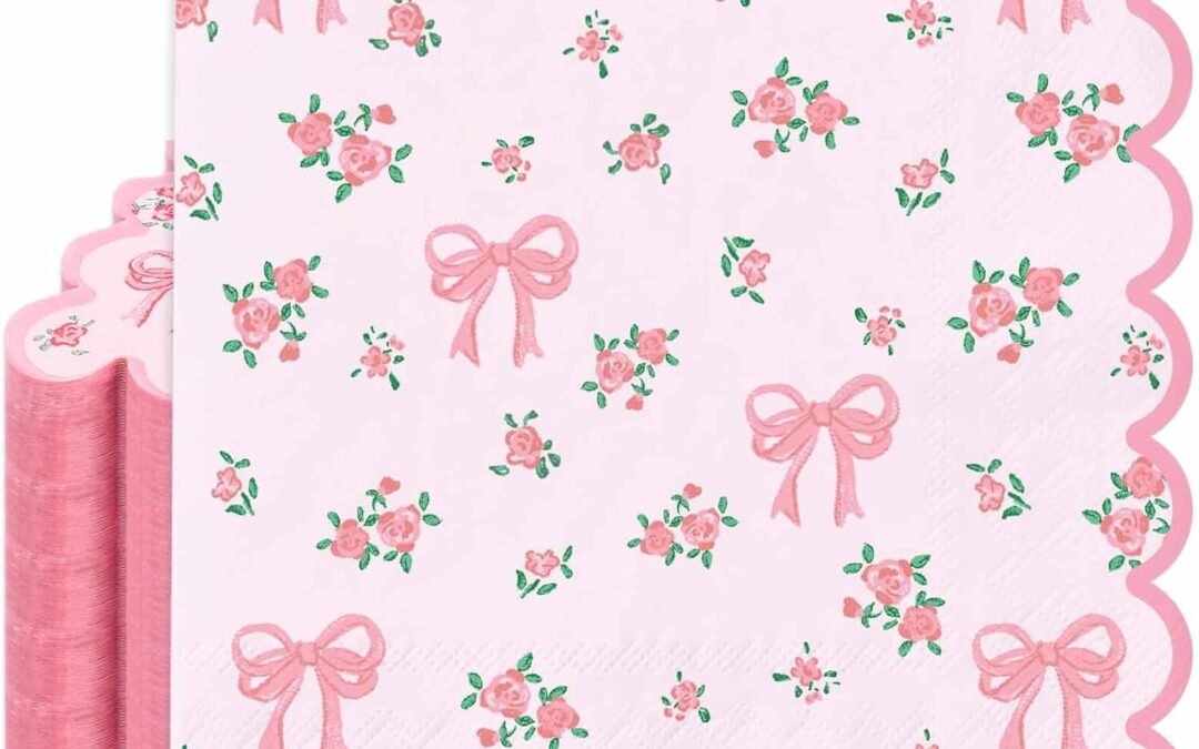 OEM 50Pcs Floral Bow Paper Napkins Pink Bowknot Flower Luncheon Napkin Scalloped Coquette Cute Disposable Dinner Napkin for Spring Home Party Supplies Wholesale Manufacturer