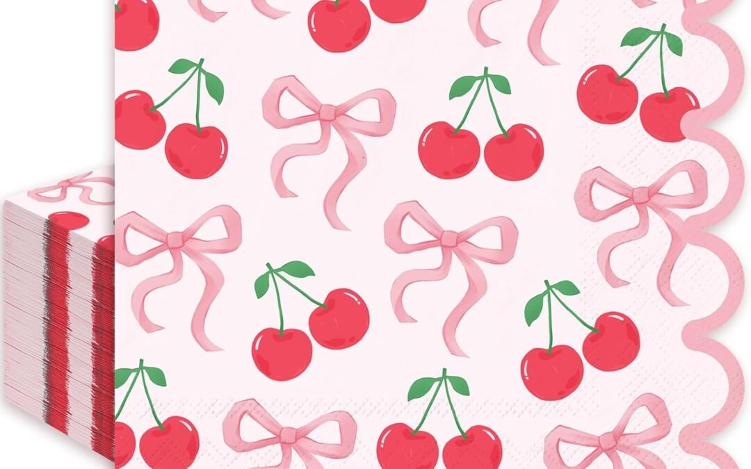 OEM 50Pcs Pink Bow Cherry Napkins Cherries Bows Disposable Napkins Coquette Cute Scalloped Edge Paper Luncheon Dinner Napkins for Wedding Birthday Party Table Supplies Wholesale Manufacturer