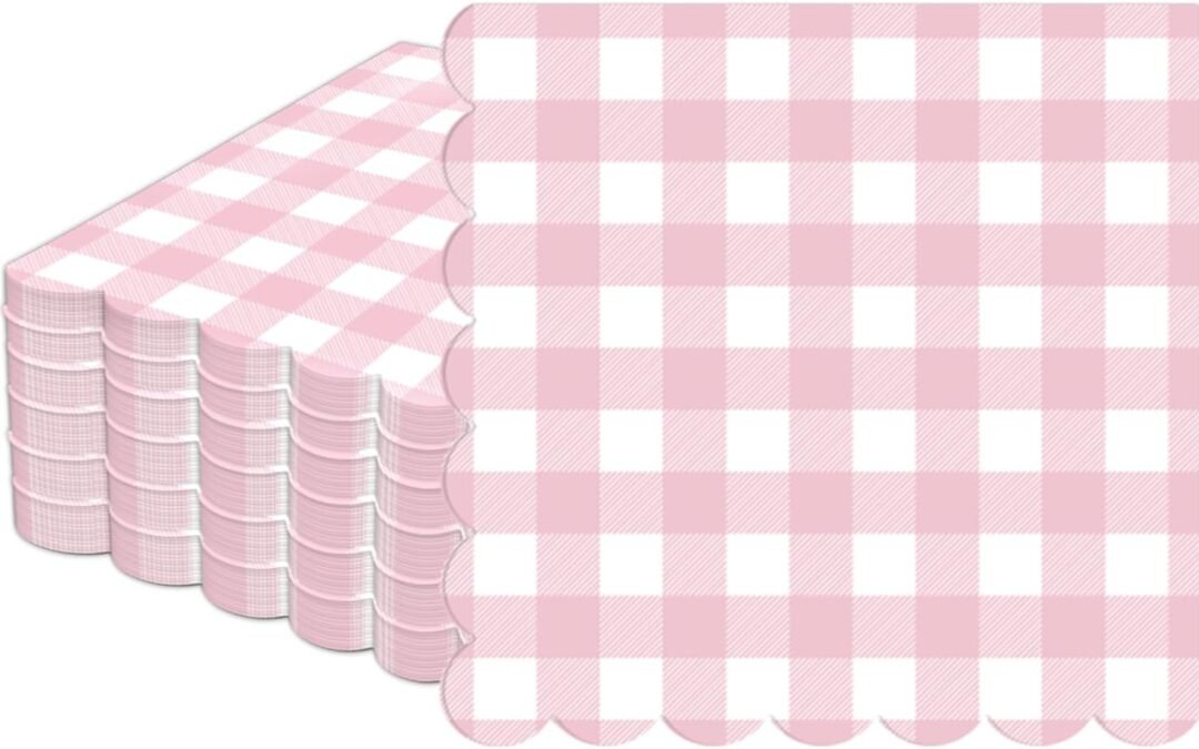 OEM 50Pcs Pink Scalloped Napkins Pink And White Checkered Decorative Party Supplies Light Plaid Gingham Dessert Napkins for Girls Women Wedding Birthday Baby Shower Summer Picnic Party Favor Wholesale Manufacturer