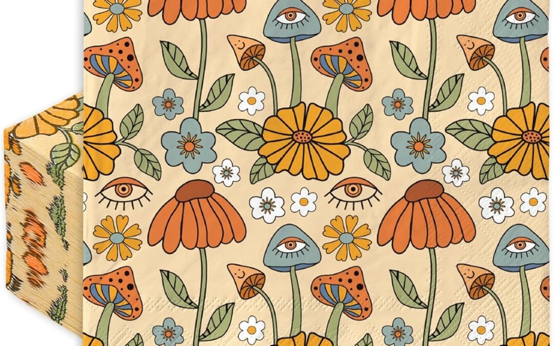 OEM 80Pcs Boho Floral Paper Napkins Disposable Mushroom Flower Eyes Luncheon Napkins Retro Hippie Dessert Dinner Hand Napkin for Birthday Wedding Bridal Shower Tea Party, 6.5 x 6.5 Inch Wholesale Manufacturer