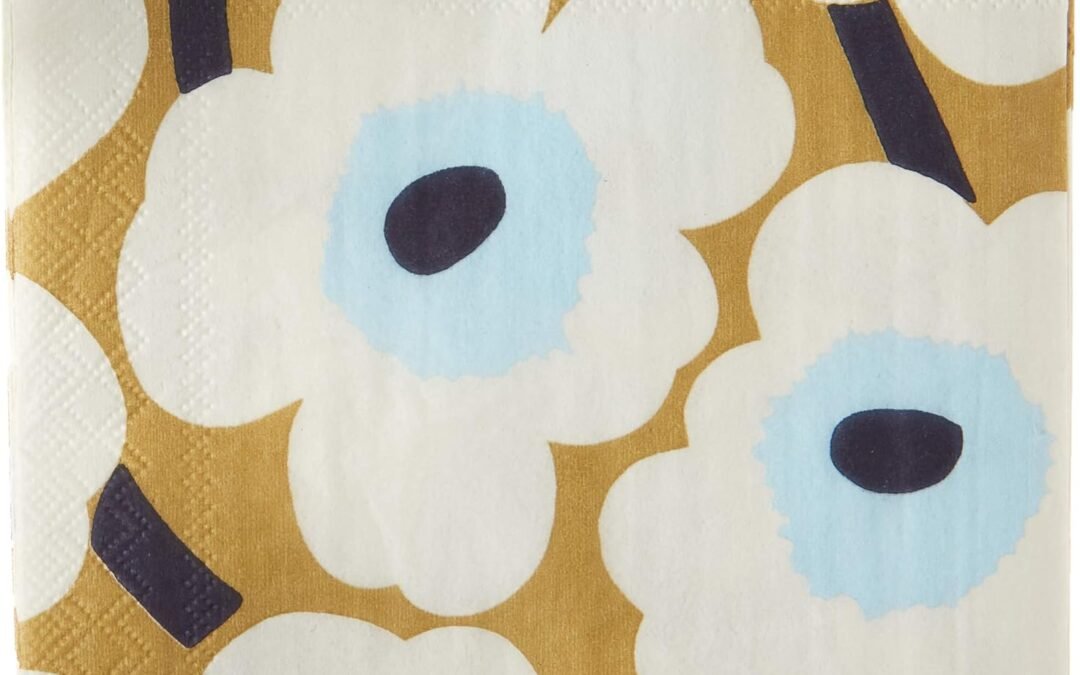 OEM Boston International IHR Marimekko Cocktail Beverage Paper Napkins, 5 x 5, Unikko Cream/Gold, 1 Count (Pack of 20) Wholesale Manufacturer