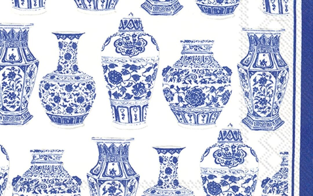 OEM Boston International IHR Rosanne Beck Collections Cocktail Beverage Paper Napkins, 5″ x 5″, Blue and White Urns, 20 Count (Pack of 1) Wholesale Manufacturer