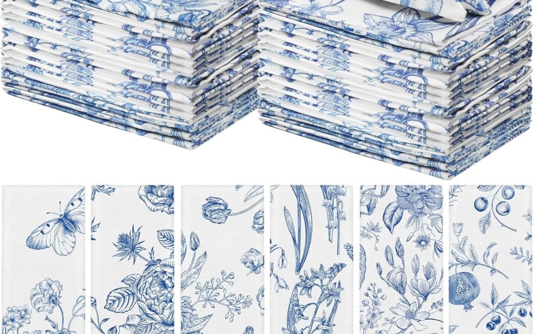 OEM Cloth Napkins 15 x 15 Inch Plants Butterfly Soft Reusable Napkin Country French Cotton Dinner Towel Decorative Washable Towels for Spring Summer Fall Party(Blue White Flower,24 Pcs) Wholesale Manufacturer
