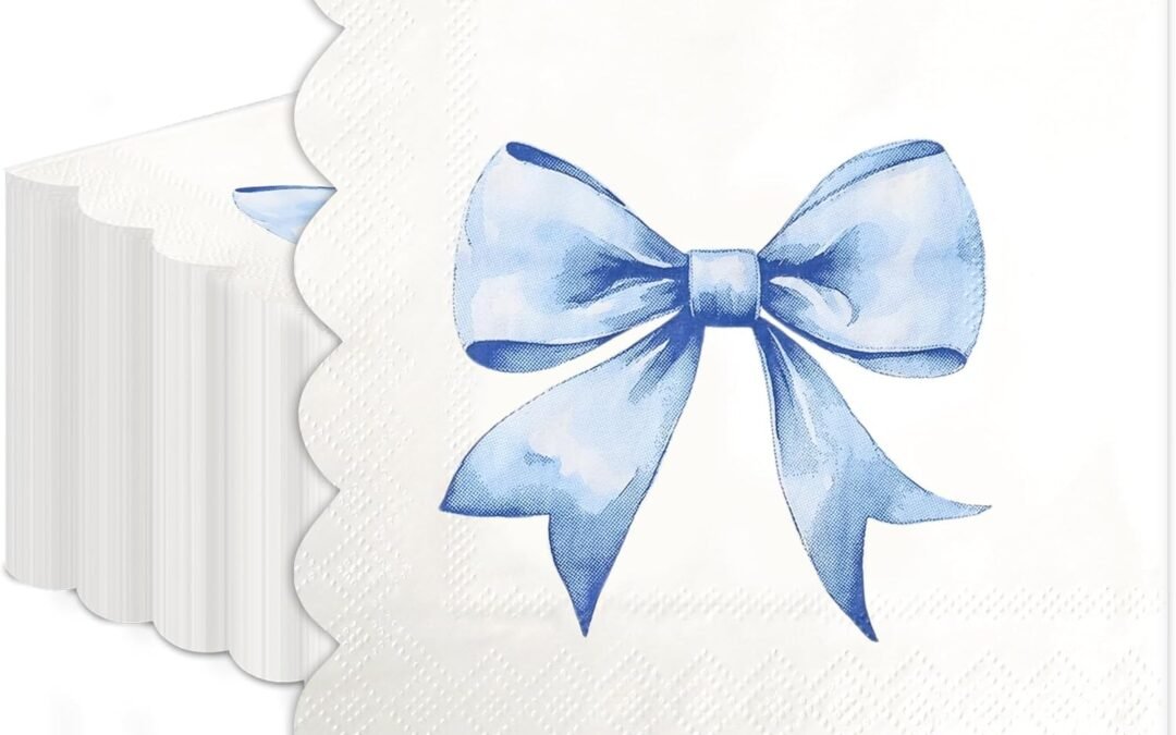 OEM Coquette Cute Supplies 120Pcs Blue Bow Napkins – 2 Ply, 5 x 5 Inches Bachelorette Decorations Party Theme Bridal Engagement Decor, Girl Tea Party Baby Shower Tableware Birthday Napkins Decor Wholesale Manufacturer