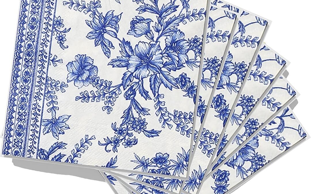 OEM Coterie Blue Floral Paper Cocktail Napkins (Set of 25) | Blue & White Toile Floral Paper Napkins For Decoupage, Bridal Shower, Baby Shower, Tea Party, Garden Party, Birthday Party | 5” Paper Napkins Wholesale Manufacturer