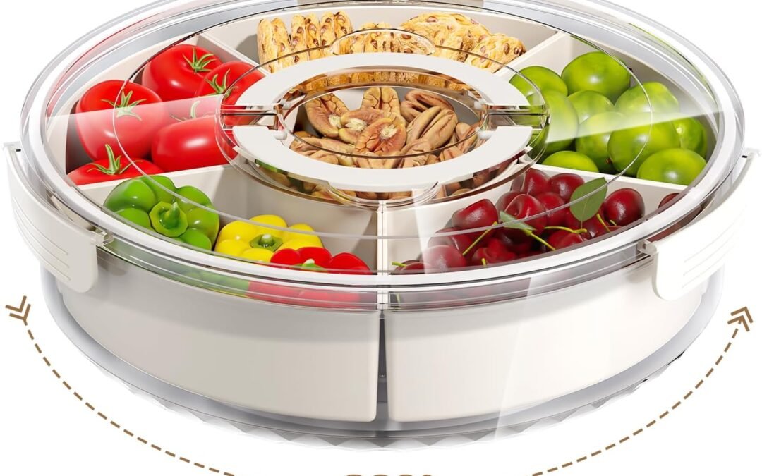 Divided Serving Tray with Lid and Handle,Large Snack Spinner,Snackle Box Container, Multi-purpose Food Platter for Charcuterie Veggie Fruit, Taco Tuesday Movie Night Travel Beach Picnic Essentials