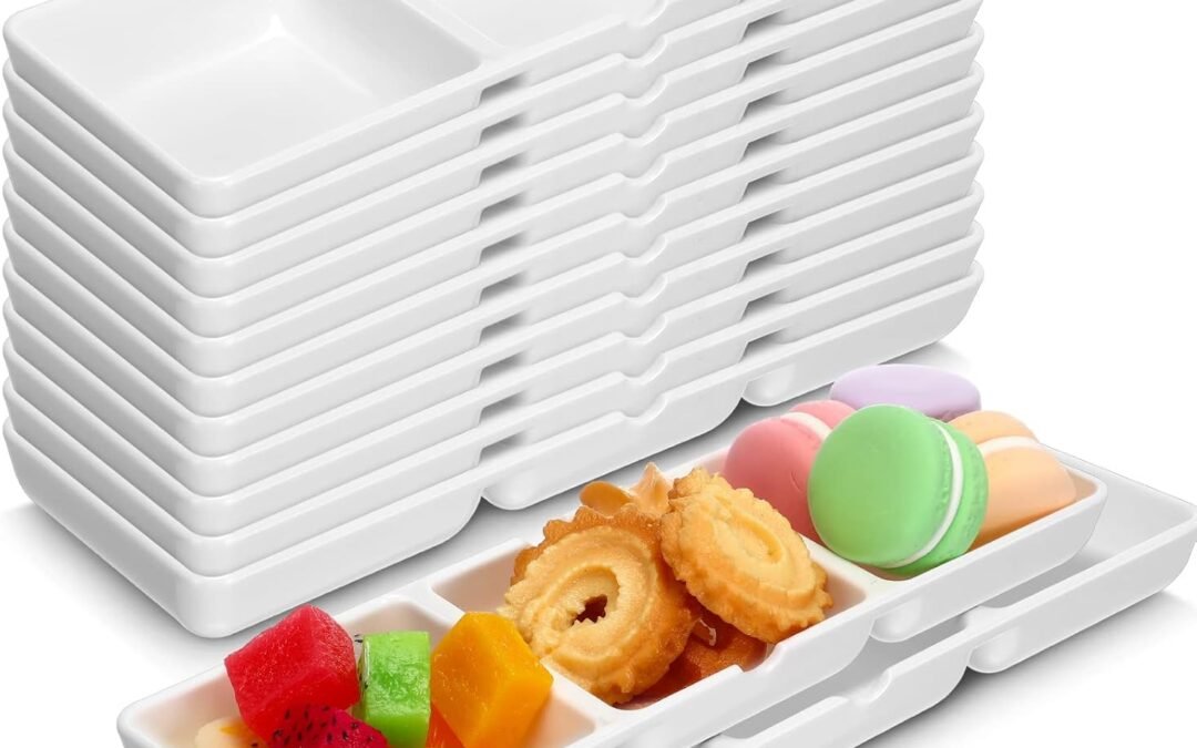 Eaasty 24 Pcs 24 Pcs 8.7 x 2.8 Inch 3 Compartment Appetizer Serving Tray Plastic 3 Section Dessert Platters Rectangular Divided Plate White Compartment Serving Dishes Dipping Sauces Dinner Kitchen