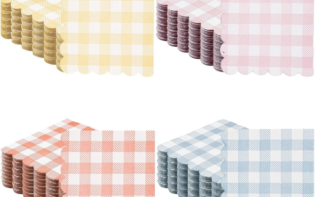 OEM Fulmoon 100 Pack Gingham Pastel Checkered Napkin 2 Ply Disposable Scalloped Cocktail Napkins Plaid Paper Decoration for Wedding Birthday Beverage Fiesta Baby Shower 5 x 5 Inches Wholesale Manufacturer