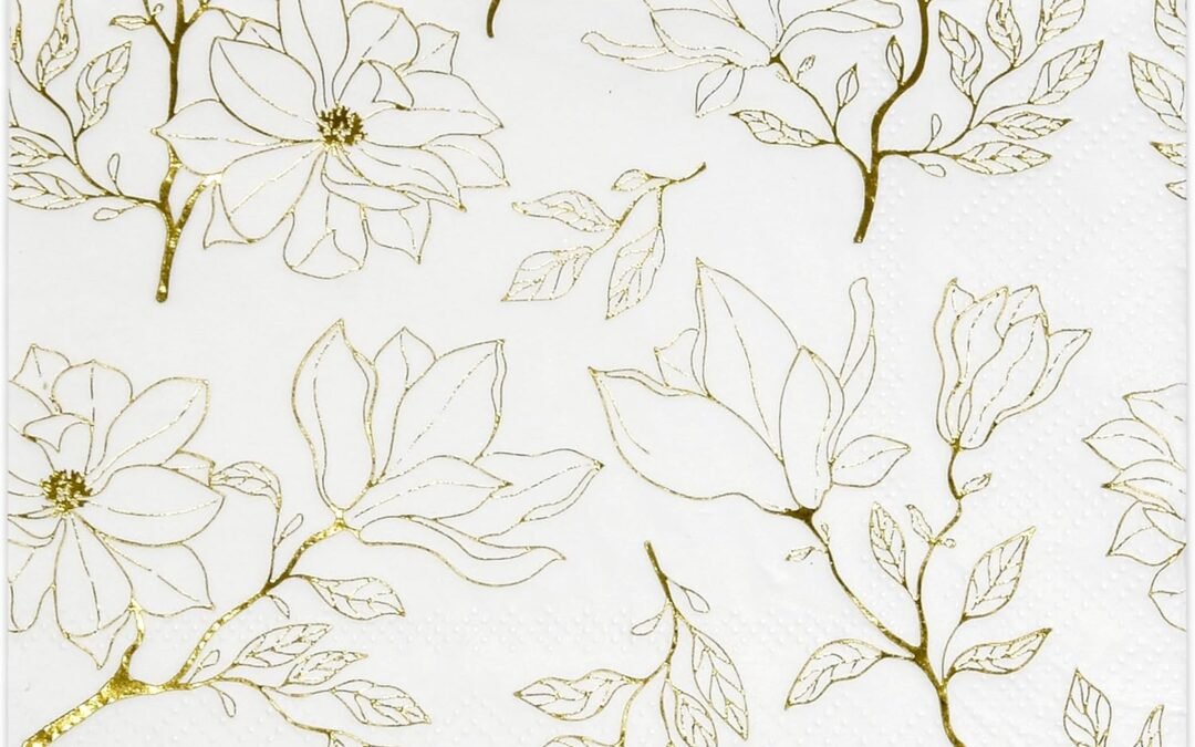 OEM Gift Boutique – 100 Floral Cocktail Beverage Napkins Gold & White Disposable Paper Spring Flowers Dessert Napkin for Wedding Birthday Party Bridal & Baby Shower, Tableware Party Supplies Decorations Wholesale Manufacturer