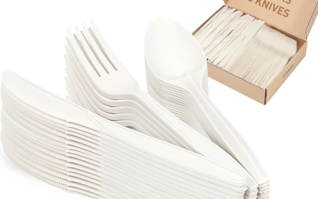 OEM ODM 100% Compostable Cutlery Set,150pcs (50 Forks,50 Spoons,50 Knives) Disposable Cornstarch Utensils Heavy Duty BPI Certified Eco-Friendly Party Supplies No Plastic, Ivory White Supplier