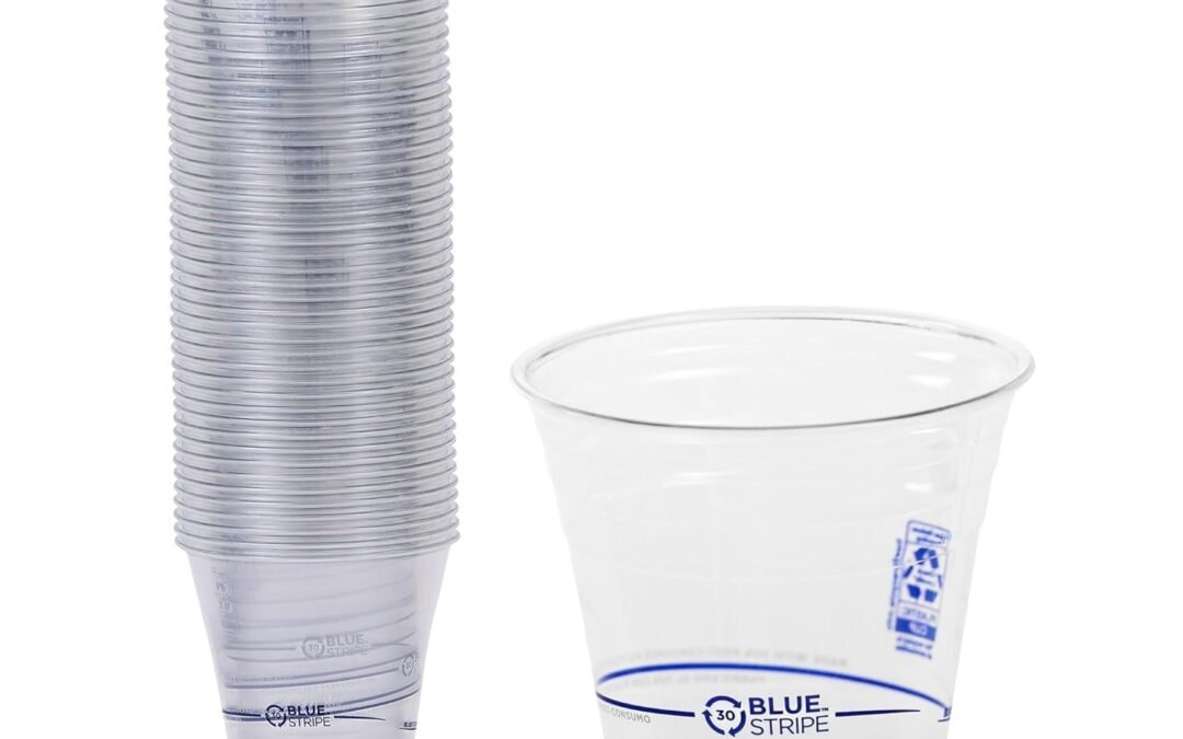 OEM ODM ECO PRODUCTS BlueStripe Recycled 12oz Plastic Cups, Pack of 50, Made from 30% Post-Consumer Recycled Plastic Bottles, Recycled PET (rPET) For Cold Drinks & Snacks, Clear For Visibility Supplier
