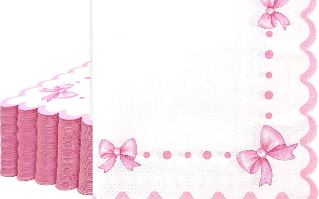 OEM Pink Bow Napkins 6.5″ 3-Ply 60pcs Scalloped Cocktail Paper Napkins for Women Coquette Birthday Décor Pink Bow Theme Party Decorations Cute Baby Shower Supplies Wholesale Manufacturer
