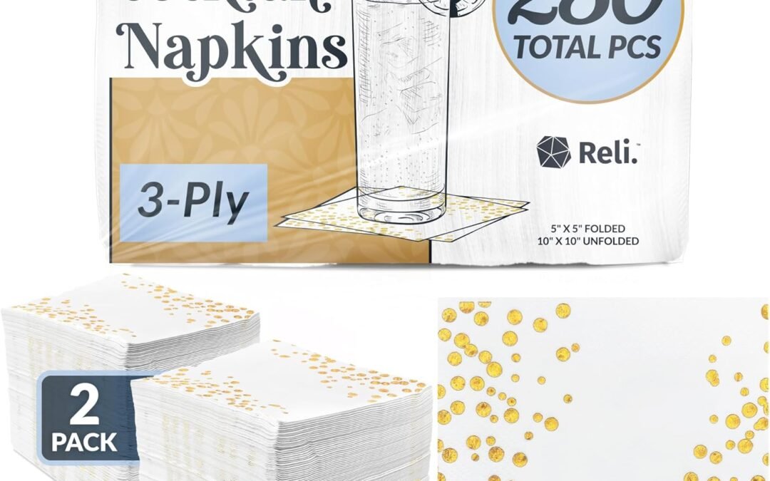 OEM Reli. (250 Count) Cocktail Napkins 3-Ply, White and Gold Beverage Napkins | Disposable | 5 x 5 in. for Small Party, Bar, Wedding | Use for Coffee, Dessert (White/Gold) Wholesale Manufacturer