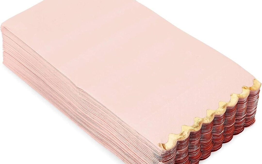 OEM Sparkle and Bash 50 Pack Pink Paper Dinner Napkins with Gold Foil Scalloped Edges for Birthday Party, Wedding (3-Ply, 4 x 8 In Paper Napkins) Wholesale Manufacturer
