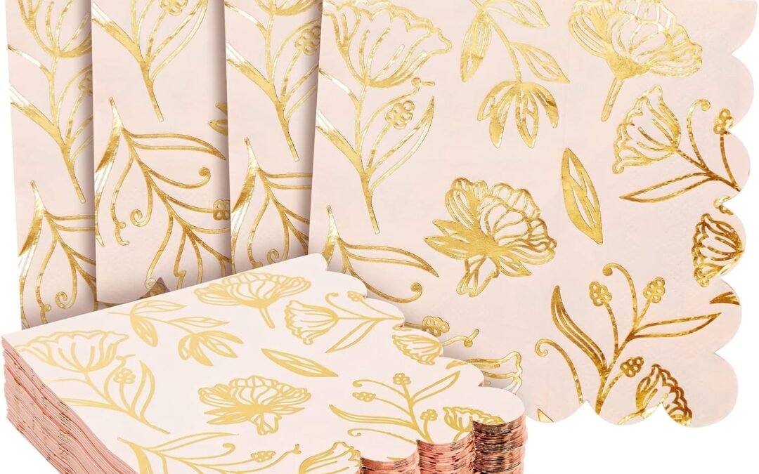 OEM Sparkle and Bash 50-Pack Pink Paper Napkins with Gold Foil, Floral Design & Scalloped Edges for Wedding, Baby Showers, & Bridal Showers, Disposable Cocktail Napkins for Serving Drinks (3-Ply, 5×5 in) Wholesale Manufacturer