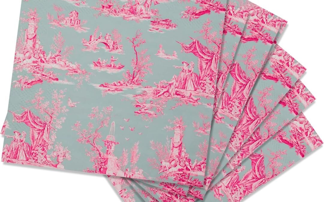 OEM Stxy’s Pink Toile Paper Napkins (3ply) – 60ct Vintage Cocktail Napkins for Girl or Boy Baby Shower, French Pink and Blue Toile Napkin Pack for decoupage, baby shower Wholesale Manufacturer