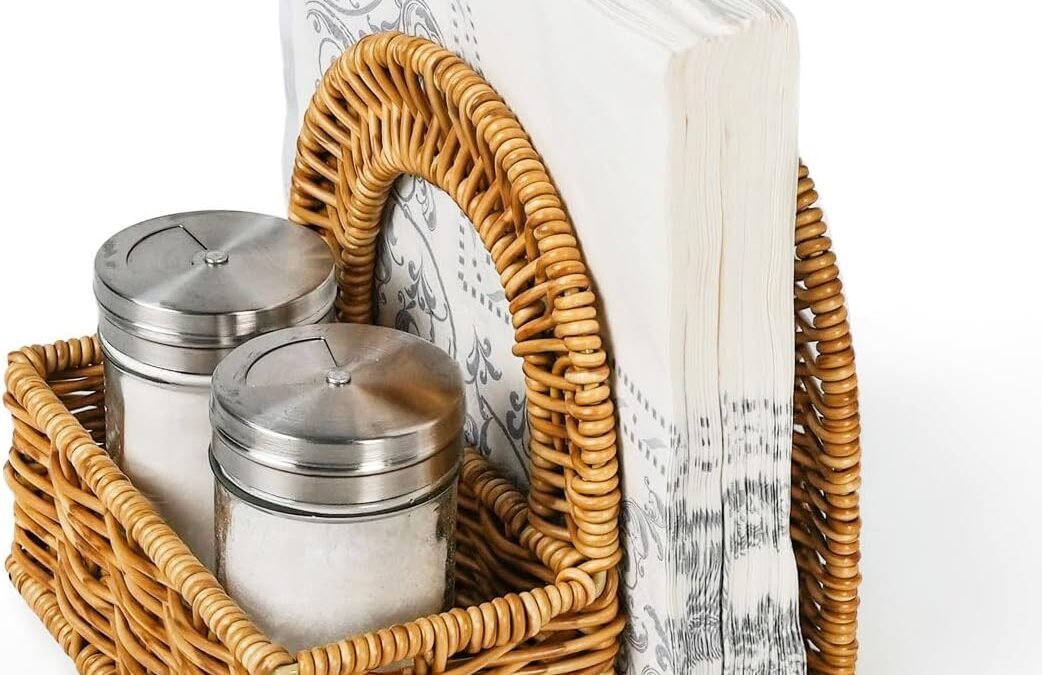 OEM Stylish Rattan Napkin Holder with Salt and Pepper Shakers Holder – Perfect Tabletop Organizer for Kitchen – Ideal for Paper Napkins (Without Salt, Pepper Shakers & Napkins) Wholesale Manufacturer