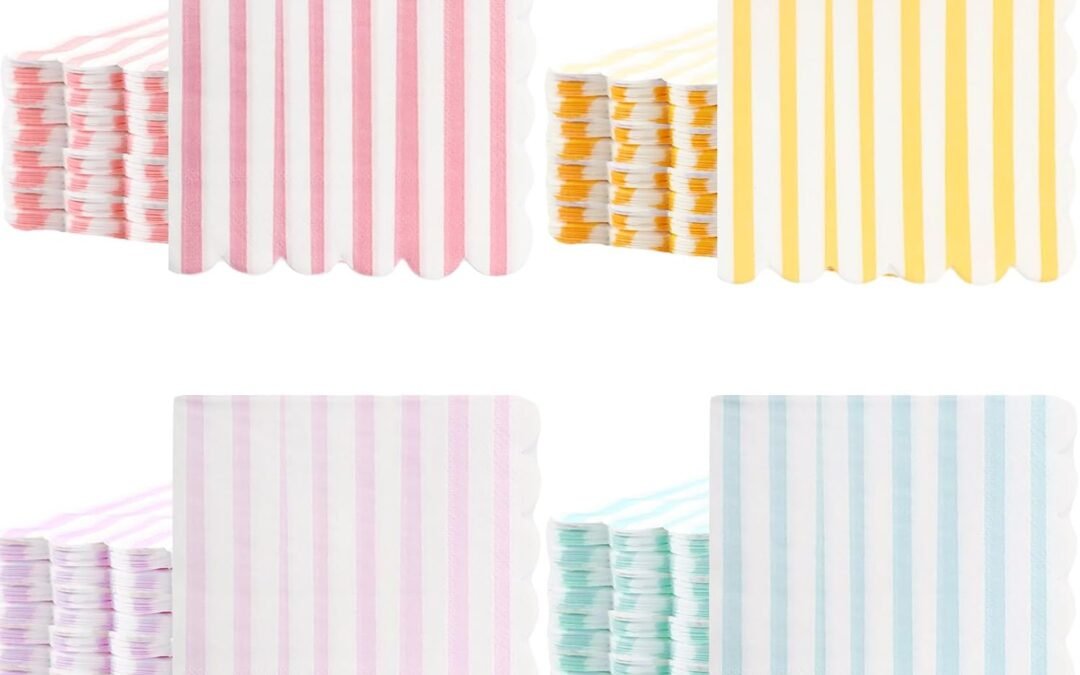OEM Tenceur 100 Pack Scalloped Pastel Napkins Mixed Stripe Ice Cream 5 x 5 Inch Disposable Paper Cocktail Beverage Napkins for Pastel Summer Party Shower Birthday Dinner Decor Supplies Favor(Four Colors) Wholesale Manufacturer