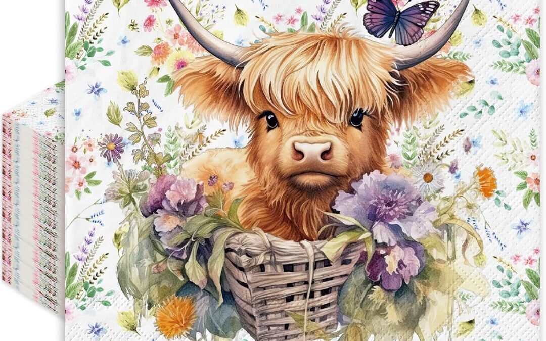 OEM Whaline 80Pcs Summer Highland Cow Paper Napkin Watercolor Cute Cow Flower Disposable Napkins Farmhouse Luncheon Dinner Napkin for Spring Summer Party Supplies Wholesale Manufacturer