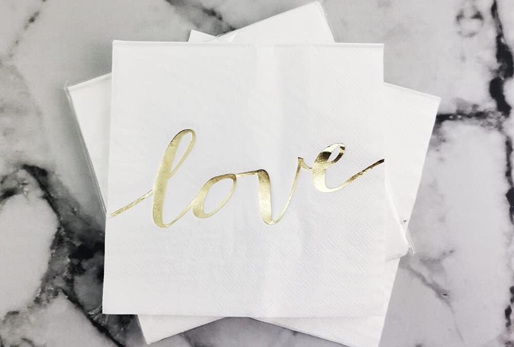OEM White Luncheon Paper Napkins Stamped with Sparkle Gold Love – Folded 6.5 x 6.5inch for Wedding, Bridal/Baby Shower, Dinner Birthday Party (48Count) Wholesale Manufacturer