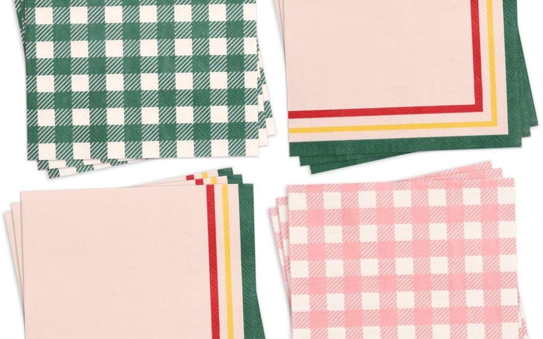 OEM xo, Fetti Gingham Camp Napkins – 3-ply, 24 pcs | Green Cocktail Napkins, Pink Dinner Party Setting, Bachelorette Decoration, Cute Birthday Tablescape Wholesale Manufacturer