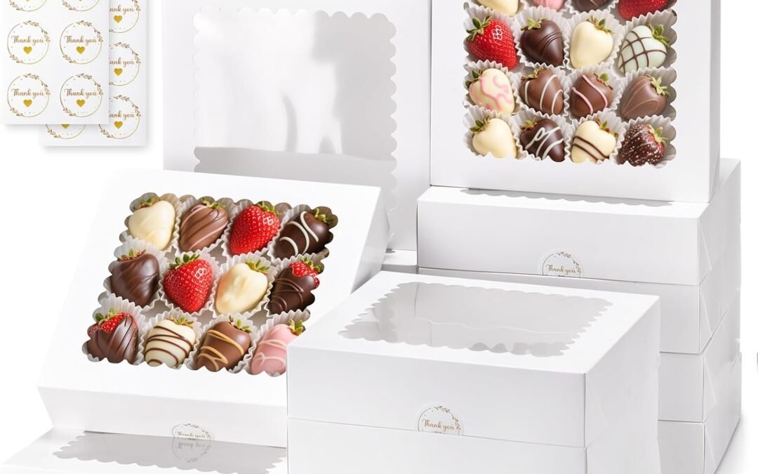 20pcs Bakery Boxes with Window, 10x10x2.5 inches White Treat Boxes for Desserts, Cookie, Pastry, Chocolate Strawberries and Pie