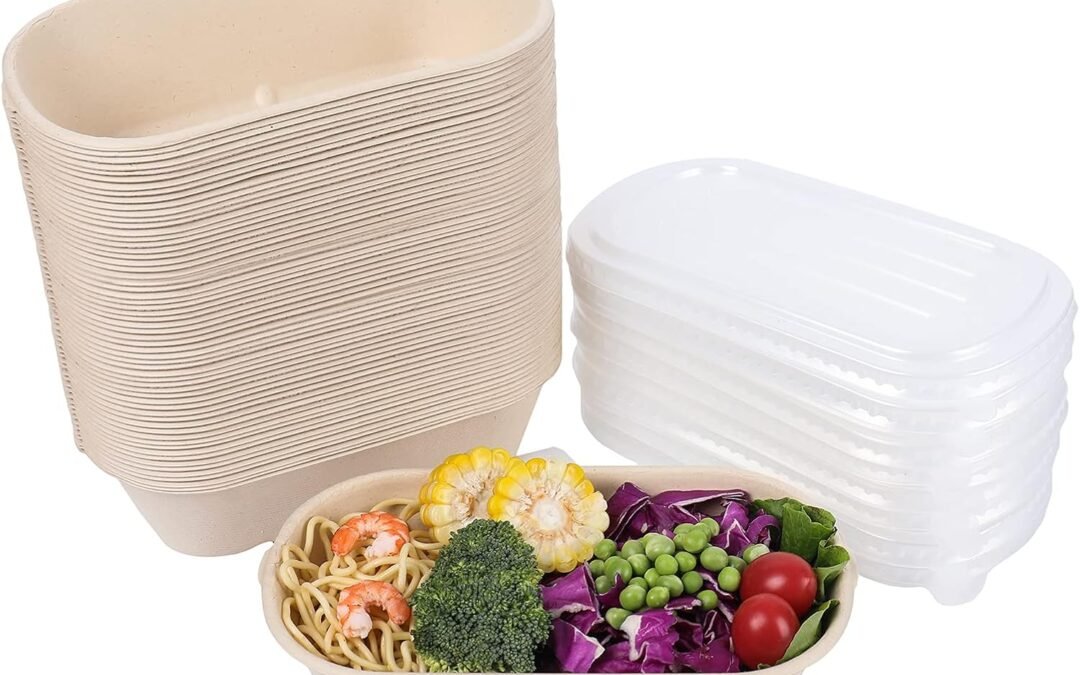 Private Label 34 oz Disposable salad bowls with lids, Sugarcane Fiber Paper Bowls take away food containers meal prep food storage deli container 50 Pack Manufacturer & Supplier